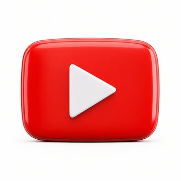 Shiny red rounded rectangular video play button featuring white geometric triangular arrow center design isolated on white background rendered in high resolution three dimensional glossy plastic mater