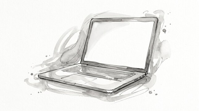 Hand Painted Watercolor Laptop Illustration on Paper