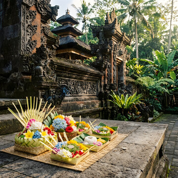 Traditional Balinese Temple with Floral Offerings in Lush Jungle Setting