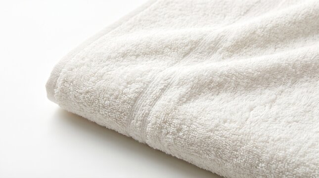 Close up of a folded soft white cotton terrycloth towel, showing its plush and absorbent texture