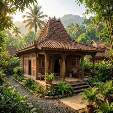 Traditional Balinese Pavilion in Lush Tropical Garden