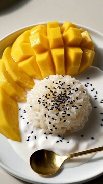 Fresh mango slices arranged beside sticky rice topped with black sesame seeds in coconut cream on a white plate, golden spoon resting on the side
