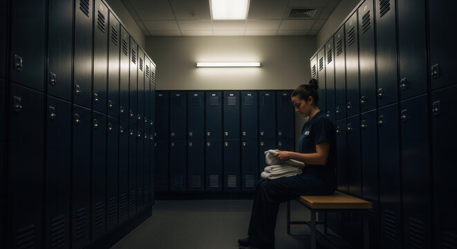 A focused custodial worker in dark blue uniform carefully folding neatly stacked white towels on a bench inside a dimly lit, long hallway lined with rows of empty metal school lockers under.