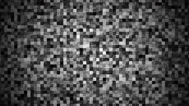 Black white digital pixel noise abstract mosaic texture gritty grid background for tech, television static, or retro glitch design projects.