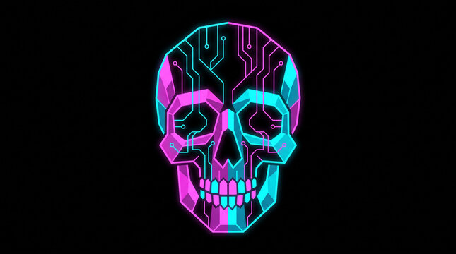 Neon geometric skull illustration with vibrant cyan and magenta circuit pattern on black background