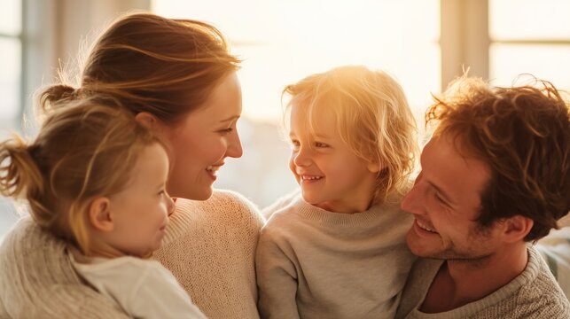 Family showing happiness and love, parents embracing children with warm sunlight