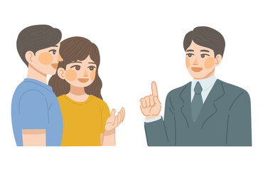 Obraz premium 男性と女性の顧客と、男性の営業担当が笑顔で話し合いをしているイラスト
