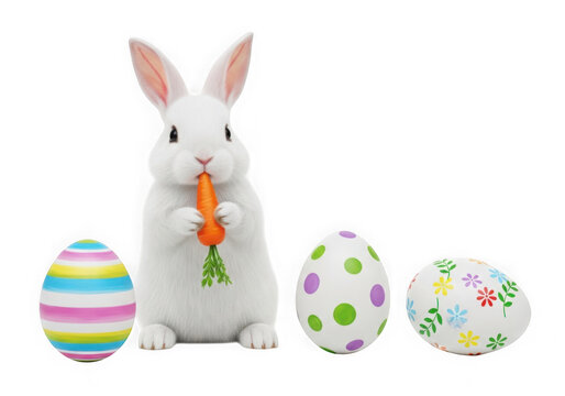 Cute white bunny rabbit eating a fresh orange carrot with colorful patterned easter eggs isolated on transparent background