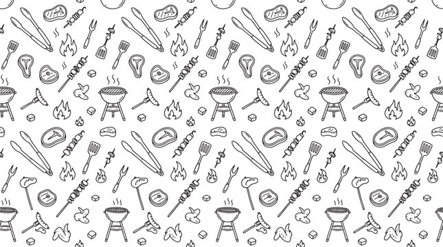 Barbecue grill and meat food pattern with hand drawn doodle style icons for summer cooking design