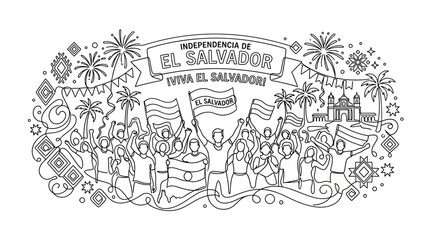 Fototapeta premium El Salvador Independence Day Celebration with Crowds and Flags Doodle Illustration
