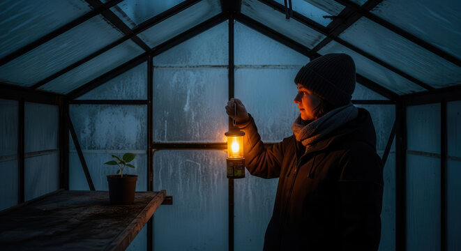 A person wearing a cozy knit beanie and scarf holds an old-fashioned lantern with a warm glow inside a rustic wooden greenhouse at dusk, examining a small potted plant on a weathered shelf while.