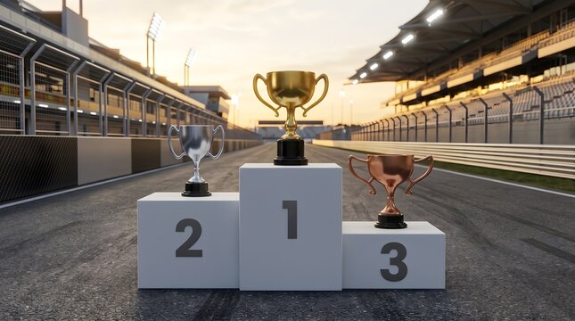 Winner podium with gold silver and bronze trophies on a racing track at sunset