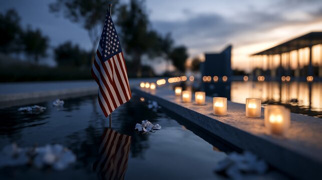 American flag standing beside reflecting pool with glowing vigil candles at dusk for Memorial Day and 9/11 tribute.