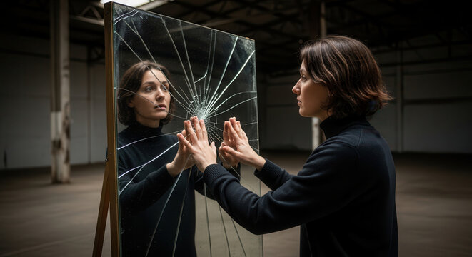A young woman in a dark sweater dramatically touches a shattered standing mirror in an abandoned industrial warehouse, reflecting her intense expression and fractured identity within a moody.