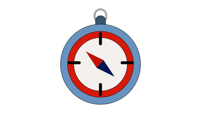 animated illustration video of a red and blue compass on a white background. Compass pointing to a direction, symbolizing navigation, travel, exploration, adventure, journey, orientation, and finding 