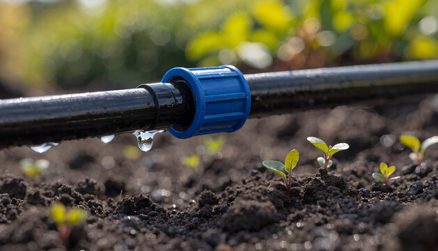 An ultra-close ground-level shot of a black polyethylene irrigation pipe and vivid blue connector, a single droplet hanging from the joint moments before falling onto damp soil beside tiny green veget