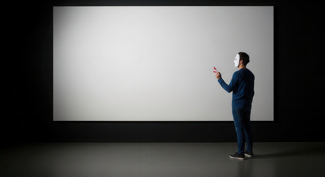 A person wearing a white mask stands in a minimalist dark room holding a red object while facing a large blank screen, creating an intriguing modern art or tech presentation scene with dramatic.