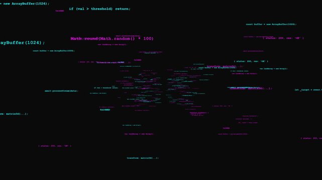 Programming code and digital data snippets shifting with cyan and magenta glitch distortion effect on black background for high-tech cybersecurity visuals.