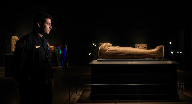 A museum security guard in a darkly-lit exhibit room stands attentively beside an ancient Egyptian sarcophagus display, showcasing a mummified figure under focused lighting with historical artifacts.