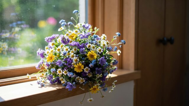 Wildflower bouquet on a sunny window sill