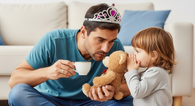 A heartwarming father wearing a decorative tiara plays tea party with his young daughter and a teddy bear in a cozy living room setting, showcasing a tender moment of childhood imagination and family.