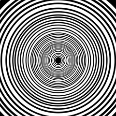 Fototapeta premium Black and white concentric circular lines forming a hypnotic optical illusion, with a radial geometric structure suitable for abstract backgrounds, modern graphic design and visual effects