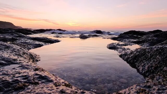 Tide pool among dark coastal rocks reflects a soft sunset sky at twilight.