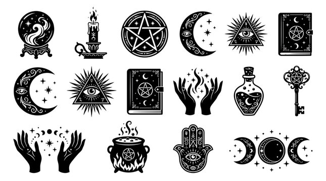 Mystical occult symbols set with witchcraft icons, magic ritual elements, esoteric signs, moon phases, and spiritual alchemy vector graphics