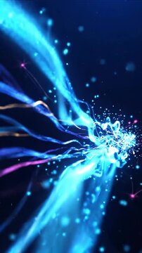 Abstract Blue Light Wave Particle Splash Background with Violet Glow, Flowing Energy Motion, Luminous Fluid Trails, Pink Accents, Dynamic Digital Design and Futuristic Depth in Dark Space