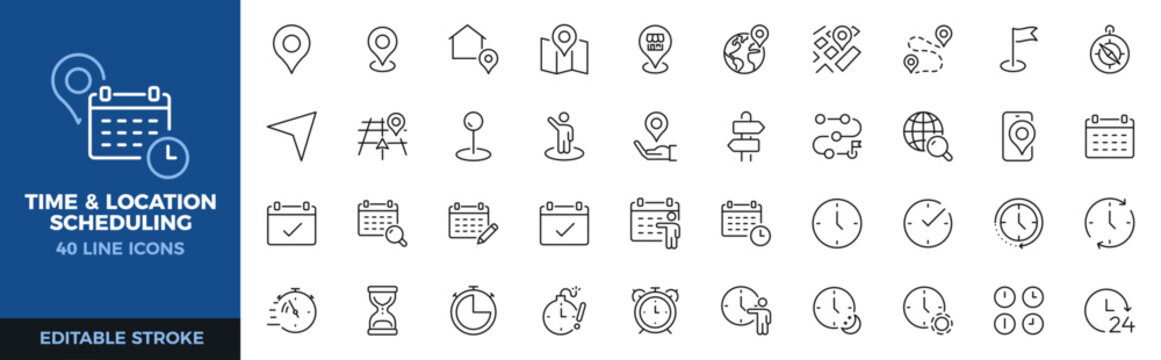 Time and location scheduling icon set.
Calendar, map, clock and appointment thin line  icons. Editable stroke vector illustrations.