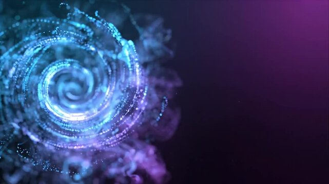 Abstract Spiral Particle Background with Glowing Blue and Purple Light, Fluid Swirl Motion, Futuristic Digital Atmosphere, Dramatic Negative Space, and Spacious Copy Area for Creative Design