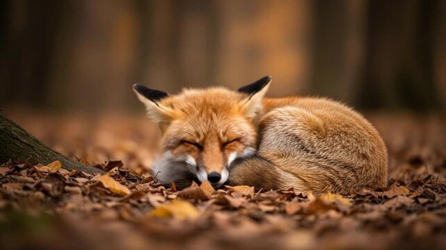 Sleeping fox nestled among autumn leaves in a serene forest, capturing the peaceful beauty of