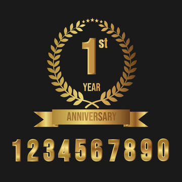 Golden Anniversary Logo Vector Set with Laurel Wreath, Ribbon, and Editable Numbers 0-9