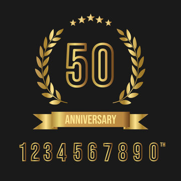 Golden Anniversary Logo Vector Set with Laurel Wreath, Ribbon, and Editable Numbers 0-9