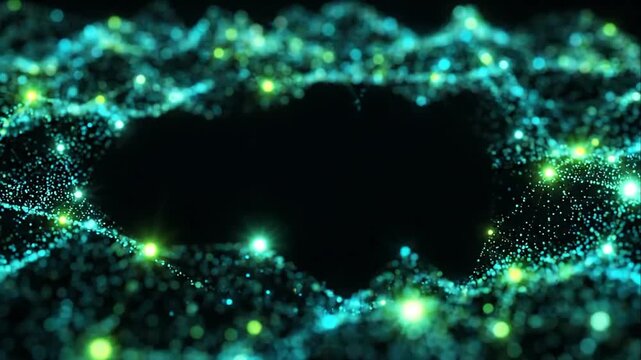 Abstract particle background featuring glowing turquoise and green light forming luminous ring around dark space, futuristic digital landscape with textured depth for modern technology design concepts