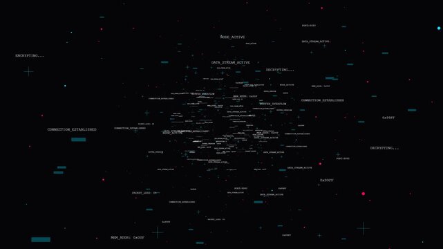 Air traffic control radar interface displaying cyan data tags and tracking callsigns with digital glitch interference on black background visual.