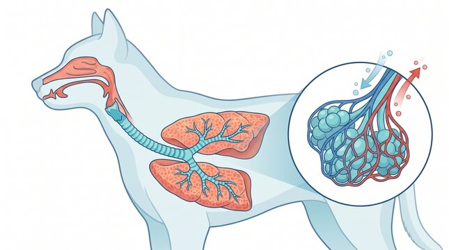 Anatomy of Canine Respiratory System Diagram with Lung Alveoli Illustration
