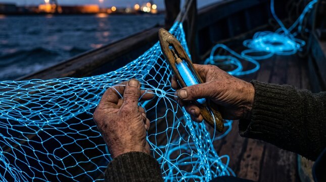 detailed Macro photo of fisherman mending fiber-optic net 2k showing abstract micro structural details and textures with professional studio lighting