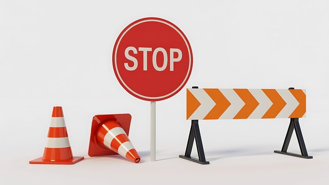 Stop Sign, Traffic Cones and Road Barrier for Safety and Construction