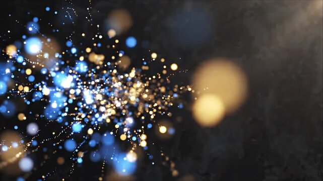 Abstract blue and gold particle burst forming luminous background with sparkling bokeh, glowing light, energetic motion, elegant dark space texture for creative design applications and visual effects