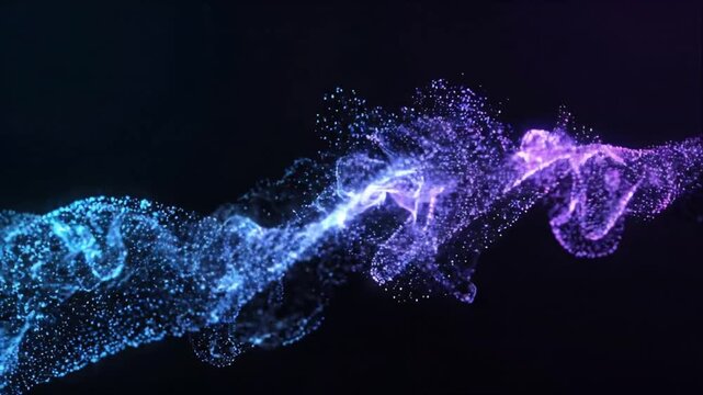 Abstract Blue Purple Particle Wave Flowing Background with Luminous Energy Motion, Glowing Points, Violet Light Trails, Futuristic Digital Space and Dynamic Texture
