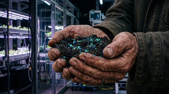 detailed Macro photo of farmer holding glowing soil 2k showing abstract micro structural details and textures with professional studio lighting