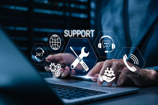 Technical support and customer service concept. Digital icon representing technical support, customer service, and 24/7 assistance. Business technology solutions for global support, service management