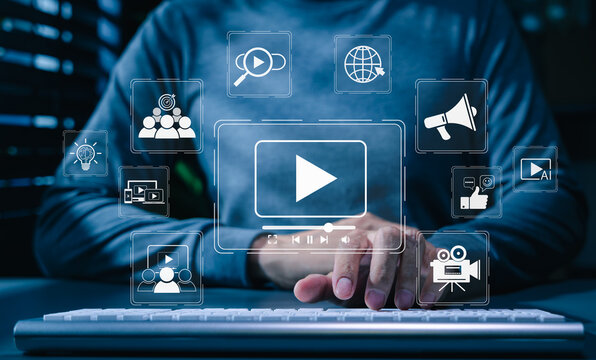 Video marketing concept. generative AI content creation, media icons for digital content strategy, online advertising, audience engagement, social communication, campaign management, business growth