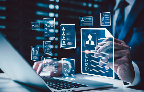 Digital resume screening by hr professional. Human resource manager evaluate resumes or CV online, modern recruitment and candidate selection processes. The best employees for corporate business.