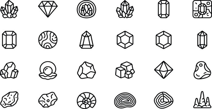 Gemstone and Crystal Line Icon Set Featuring Diamonds, Minerals, Geodes, Precious Stones, Jewelry, and Geological Symbols