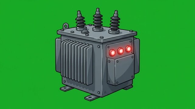Electrical transformer illustration, power distribution equipment on green background.