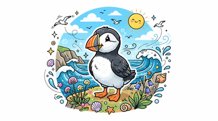 Obraz premium Adorable Puffin Bird Standing on Coastal Cliff with Ocean Waves.