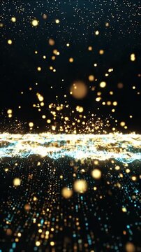 Abstract golden particle sparkle background with glowing light reflection across reflective surface, festive digital wave composition, luminous futuristic atmosphere, depth, shimmering energy motion