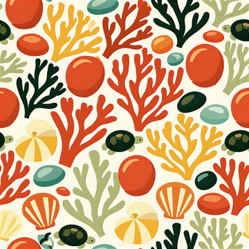 Colorful marine life seamless pattern with coral and shells